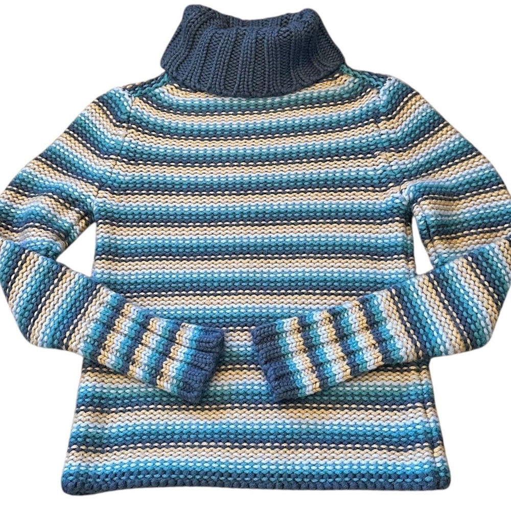 Gap Turtleneck Sweater Women Small Blue Beige Exc Chunky Y2K Preppy Striped